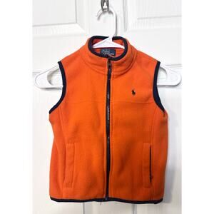 Polo Ralph Lauren Vest 5 orange/navy trim Fleece Zip Pokets Logo Pony